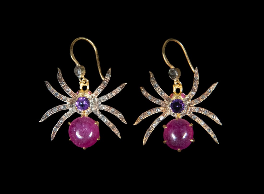 PR VERMEIL RUBY, AMETHYST, AND DIAMOND SPIDER EARRINGS (1 of 2)