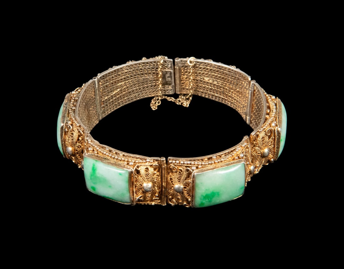 CHINESE EXPORT GILT SILVER AND JADEITE BRACELET (1 of 2)