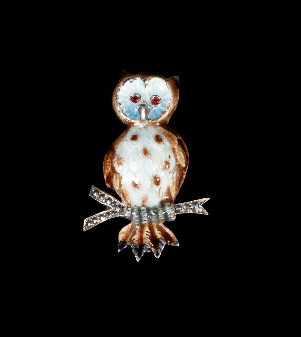 VINTAGE STERLING SILVER ENAMEL OWL BROOCH (1 of 2)