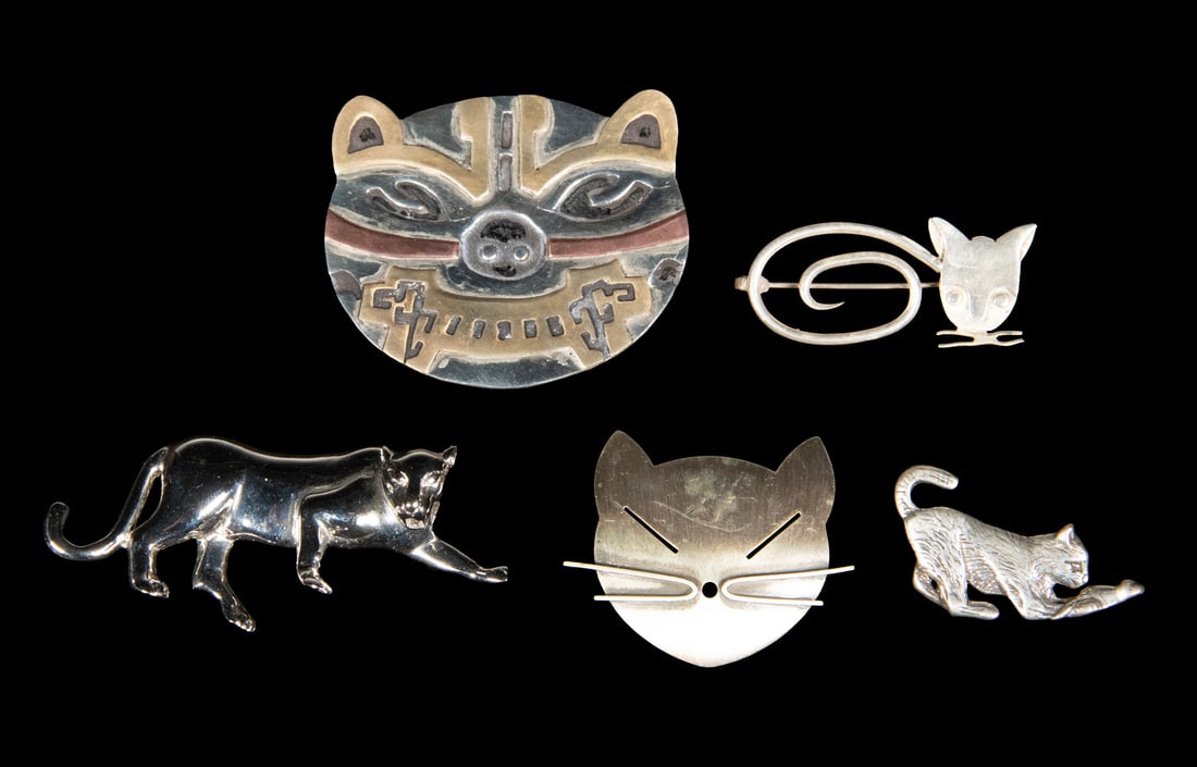 (5) STERLING SILVER FELINE THEMED BROOCHES (1 of 2)