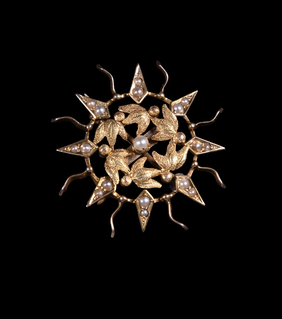 VICTORIAN 14K GOLD SEED PEARL SUNBURST PENDANT BROOCH (1 of 2)