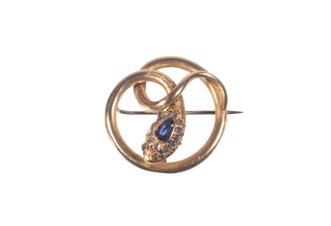 ANTIQUE 14K GOLD SERPENT BROOCH WITH DIAMONDS, SAPPHIRE AND RUBY (1 of 2)