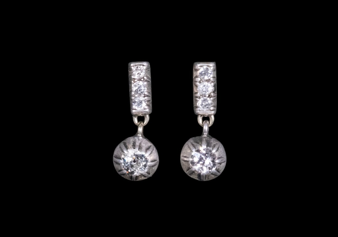 PR VICTORIAN 14K GOLD AND SILVER DIAMOND DROP EARRINGS (1 of 2)