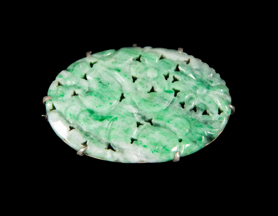 C. 1920 CHINESE CARVED JADE AND SILVER BROOCH (1 of 2)