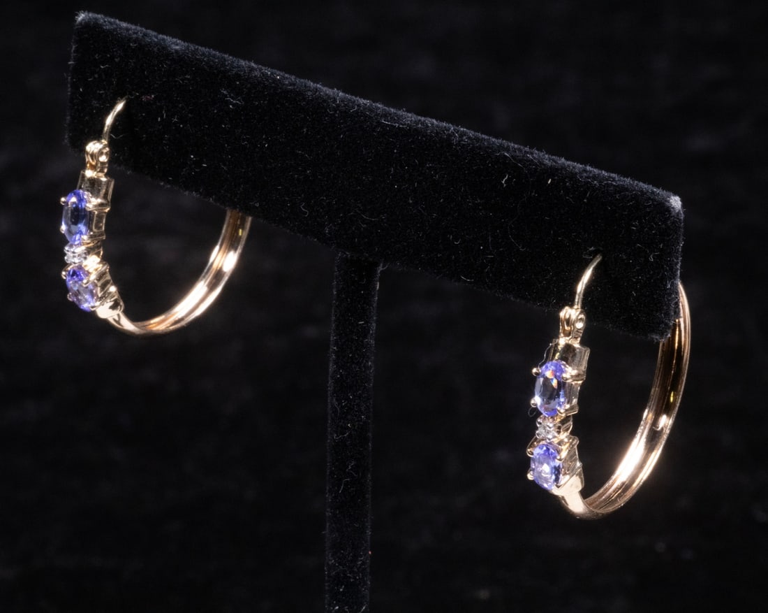 PR 14K GOLD TANZANITE AND DIAMOND HOOP EARRINGS (1 of 2)