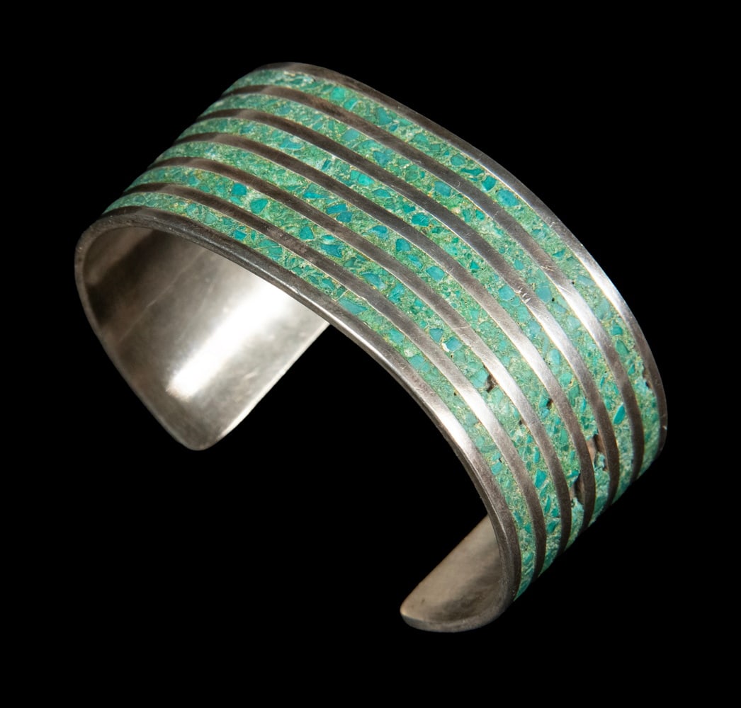 MEXICAN TAXCO STERLING SILVER AND TURQUOISE INLAY CUFF BRACELET (1 of 3)