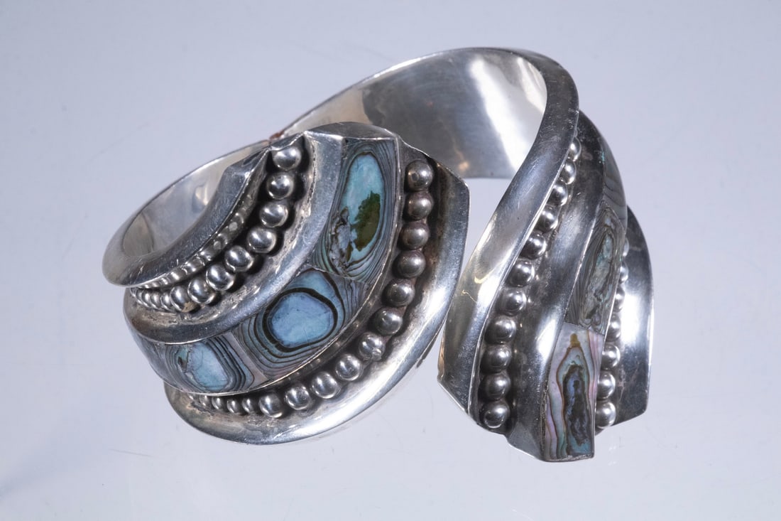 TAXCO STERLING SILVER ABALONE SHELL INLAY HINGED CUFF BRACELET (1 of 3)