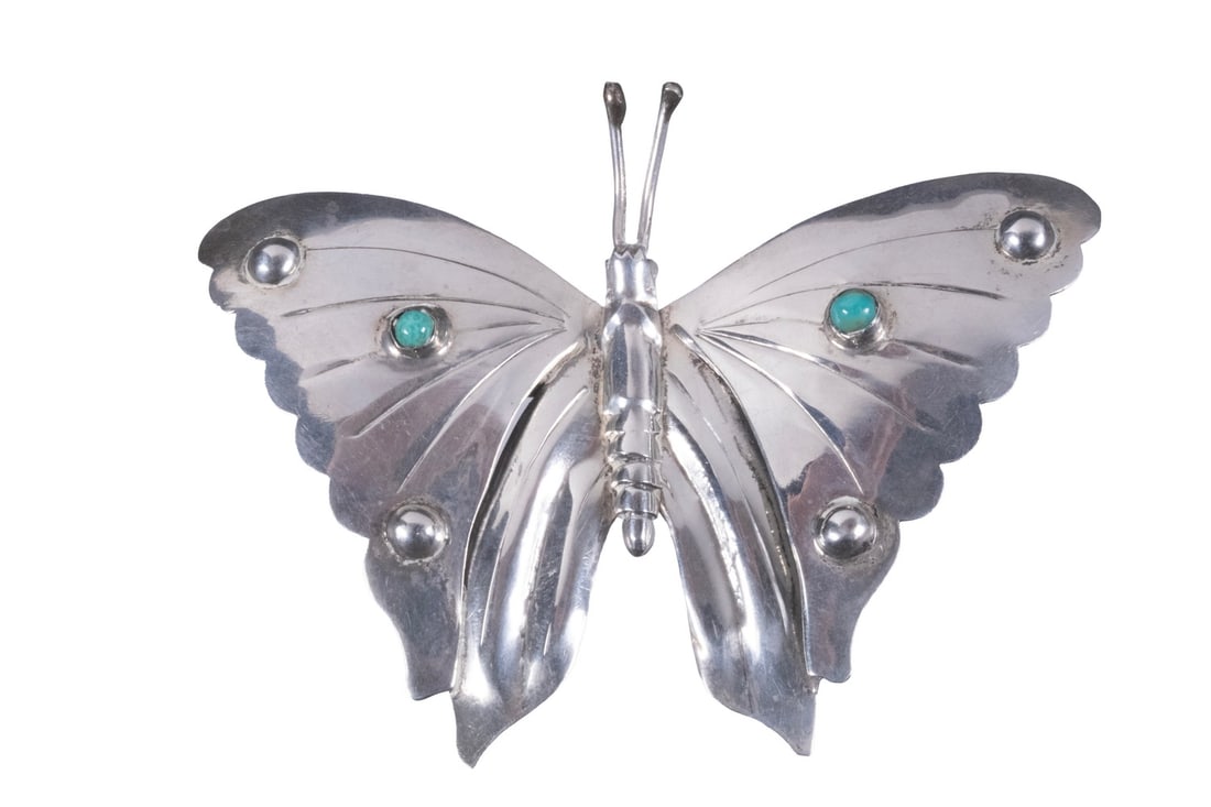 MEXICAN SILVER AND TURQUOISE BUTTERFLY BROOCH (1 of 2)