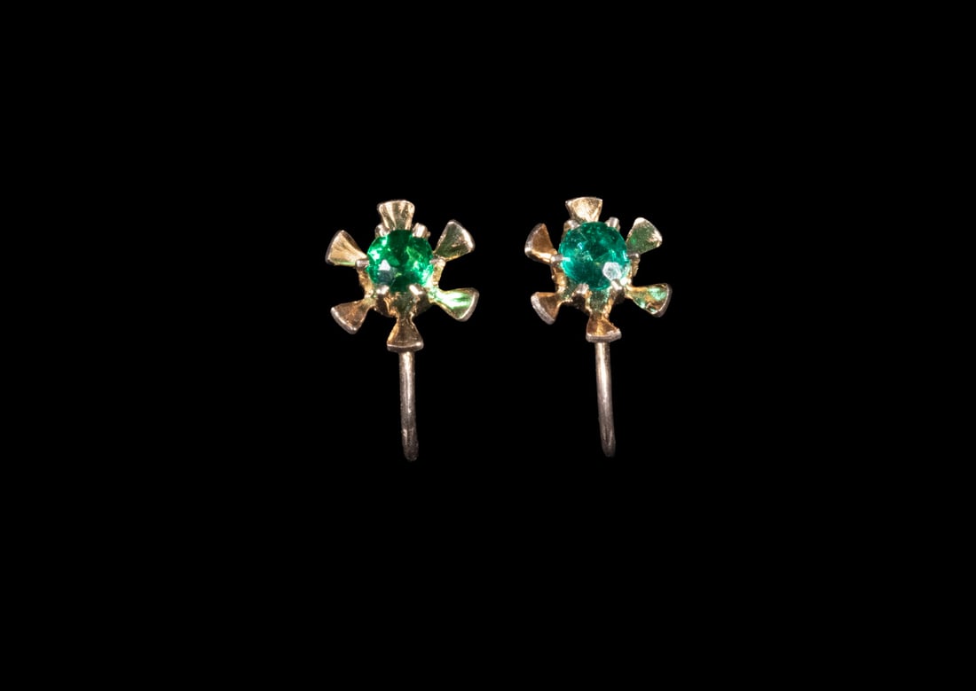 PR 10K GOLD SIMULATED EMERALD SCREW-BACK EARRINGS: PR 10K GOLD SIMULATED EMERALD SCREW-BACK EARRINGSEach earring set with a round brilliant-cut simulated emerald in a six-prong setting, mounted in 10K yellow gold. Designed with screw-back findings for