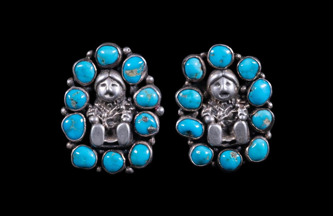 PR CAROL FELLEY ANGLO SHOP SILVER AND TURQUOISE FIGURAL CLIP EARRINGS, 1992 (1 of 2)