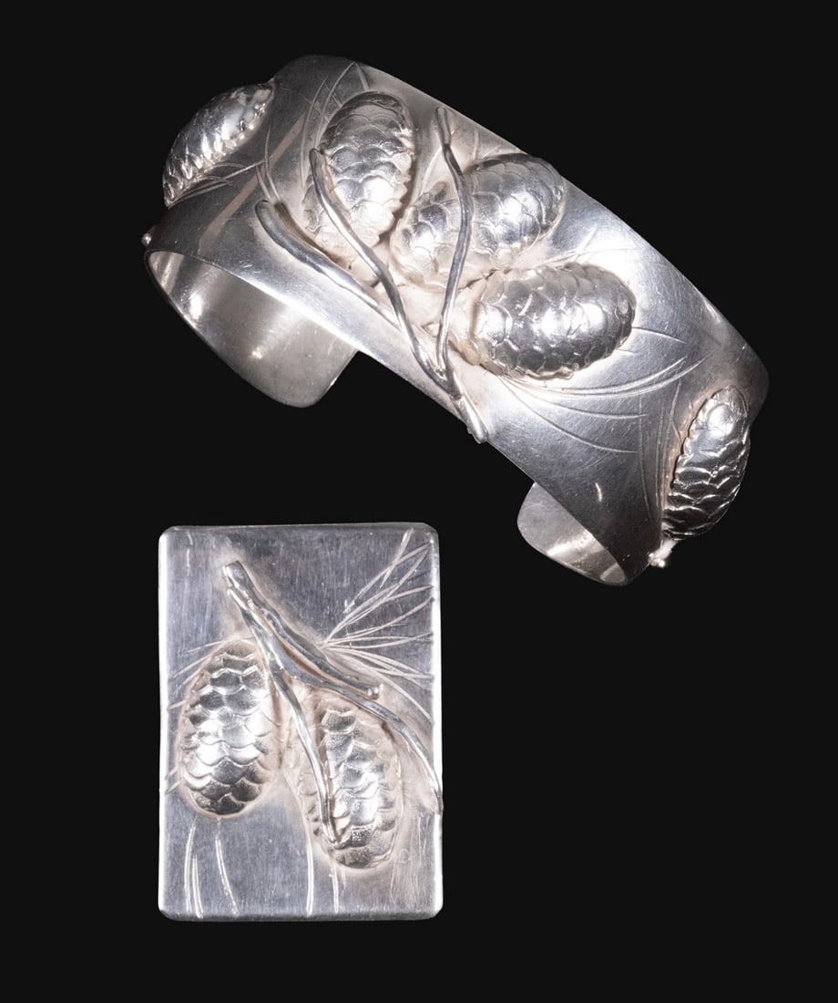 (2 PC) STERLING SILVER PINECONE CUFF BRACELET AND PENDANT (1 of 1)