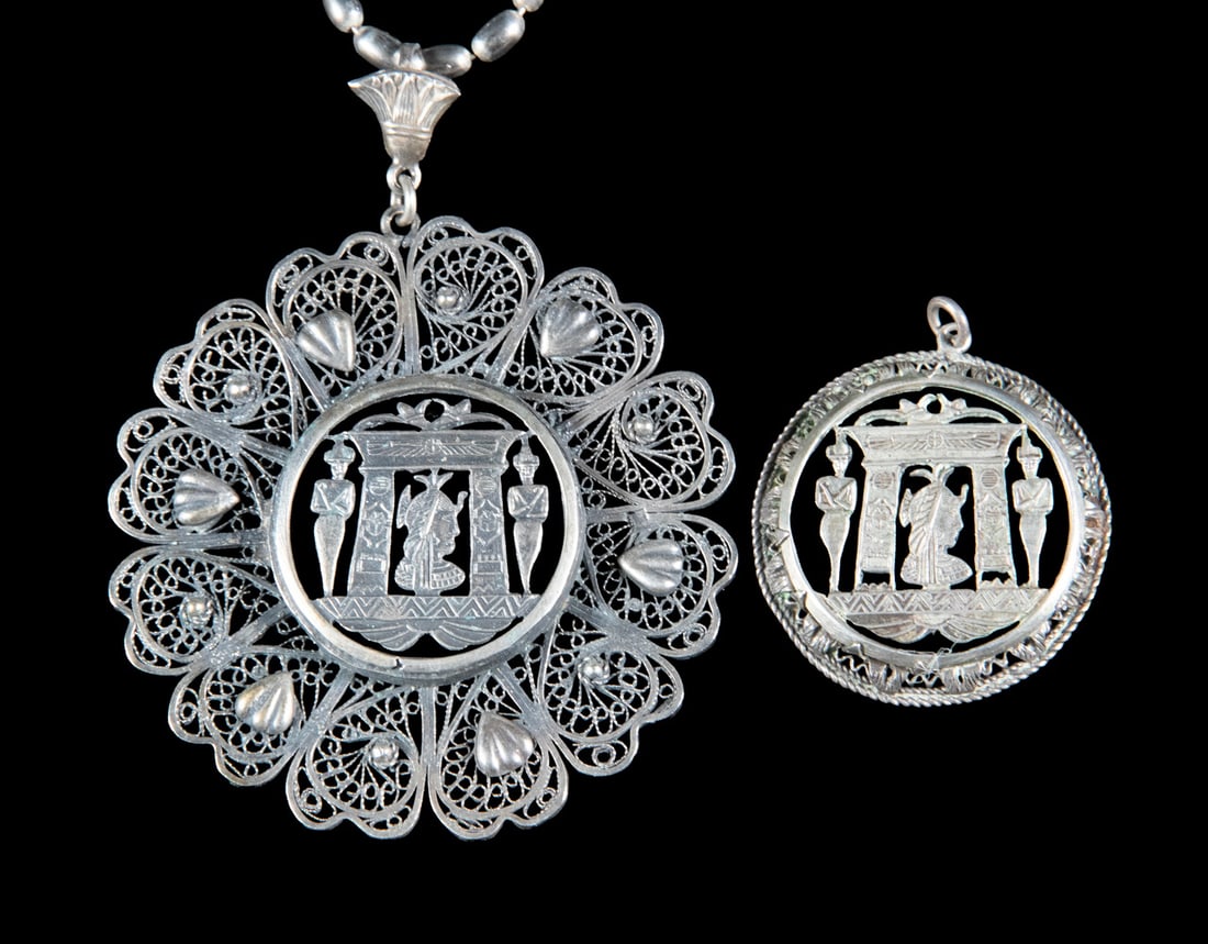(2) EGYPTIAN REVIVAL PIERCED SILVER PENDANTS AND CHAIN (1 of 2)
