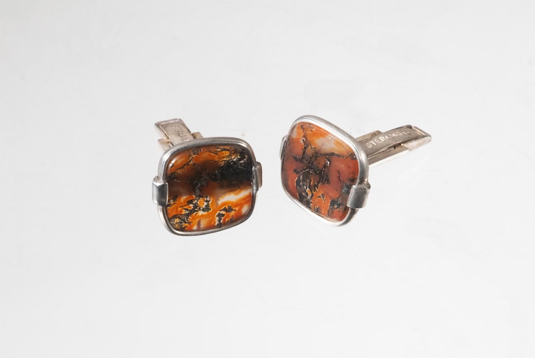 PR STERLING SILVER MOSS AGATE CUFFLINKS (1 of 2)