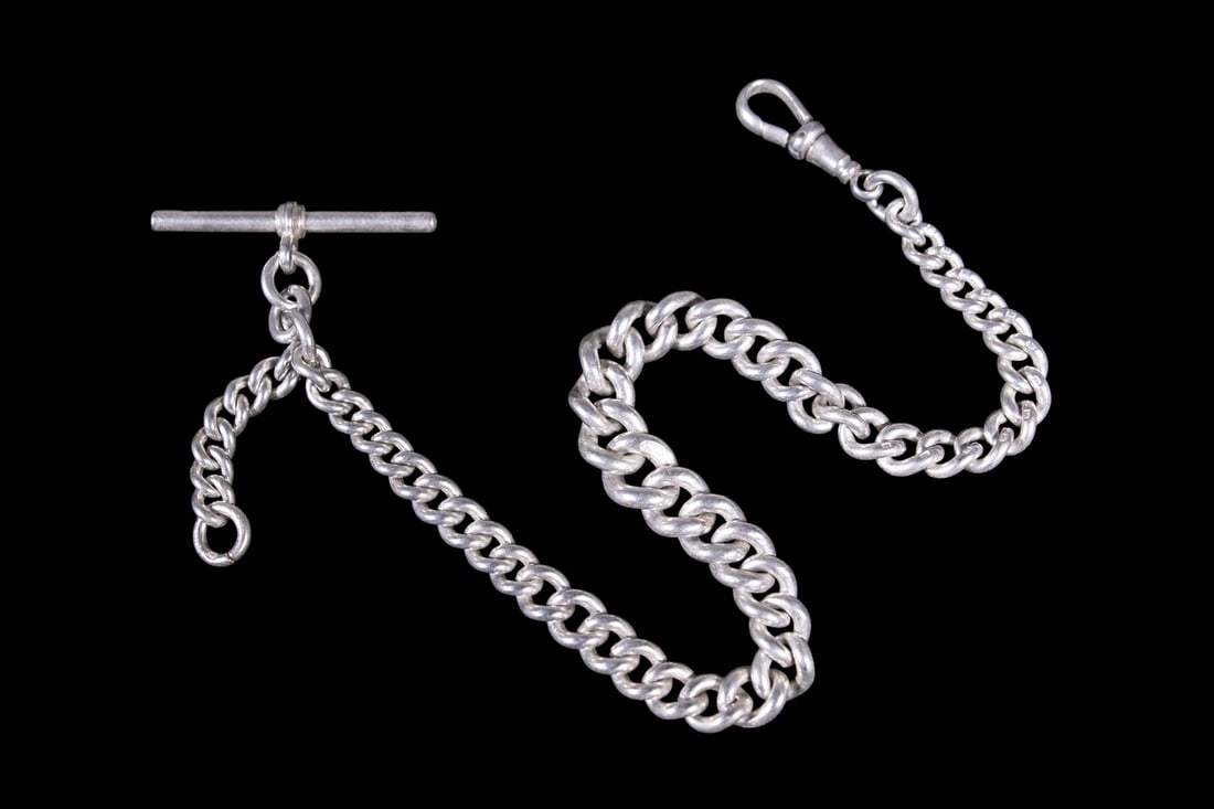 BRITISH SILVER POCKET WATCH CHAIN WITH T-BAR, W.W.C MAKER?S MARK (1 of 1)