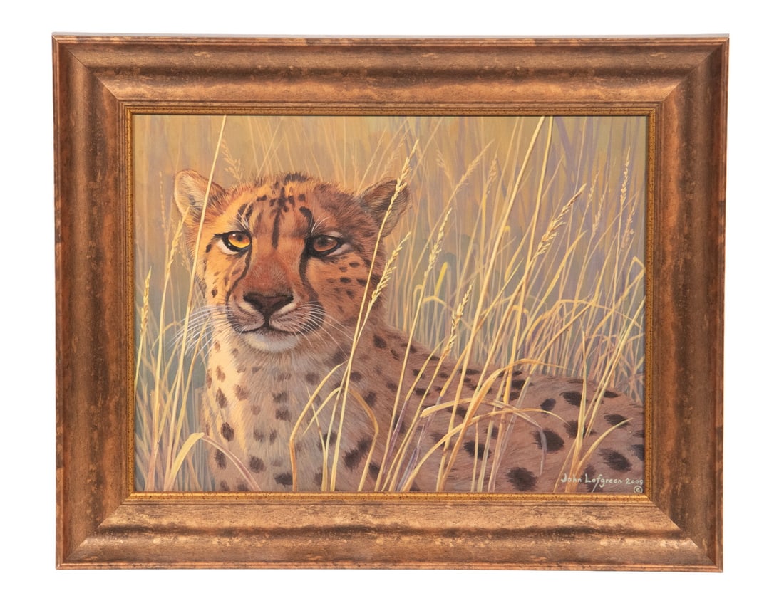 JOHN LOFGREEN (AK, 1955 -): JOHN LOFGREEN (AK, 1955 - ) Cheetah in Dry Tall Grass, oil on hard board, signed lower right and dated 2009, in gilt cove frame. OS: 12 x 15 in. (30.5 x 38.1 cm.), SS: 8 1/2 x 11 1/2 in. (21.6 x 29.2 