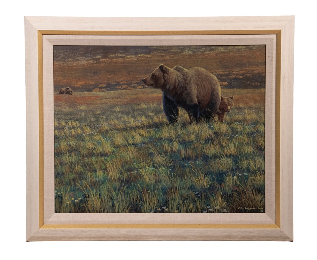 JOHN LOFGREEN (AK, 1955 -): JOHN LOFGREEN (AK, 1955 - ) Papa Approaching Mama and Cub in Scrublands, oil on hard board, signed lower right and dated 2006, in white and gold mitered frame with linen liner. OS 20 1/2 x 24 1/2 in. 