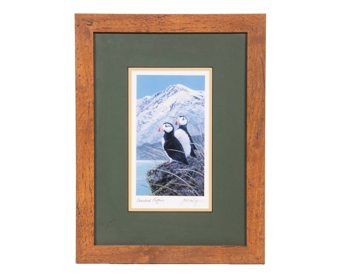 JON VAN ZYLE (AK/HI, 1942 -): JON VAN ZYLE (AK/HI, 1942 - ) "Perched Puffin", photolitho on paper, signed in print, also ink signed and titled, oak panel frame, matted under glass. OS: 16 1/2 x 12 1/2 in. (41.9 x 31.8 cm.), SS: 9 
