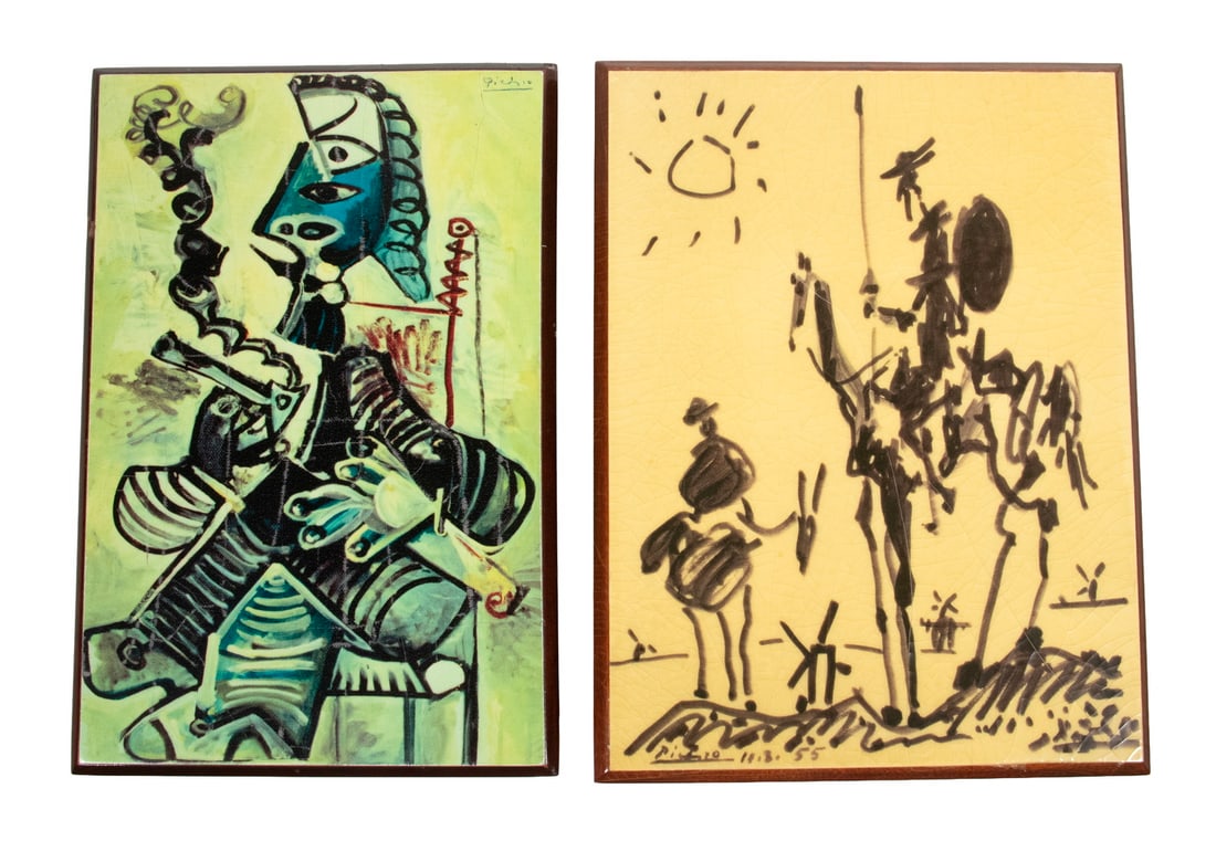 PAIR OF PICASSO THEMED CIGAR HUMIDORS: PAIR OF PICASSO THEMED CIGAR HUMIDORS One decorated with Picasso's "Don Quixote" painting, the other with one of his cubist portraits, branded seals inside from Monte Cuba cigars, and a Picasso