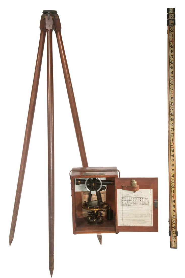 KOLESCH & CO NY CASED SURVEYOR'S TRANSIT W/ TRIPOD & METERING STICK (1 of 4)