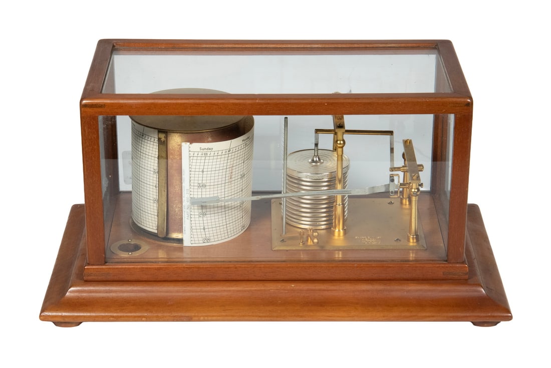 HYGROTHERMOGRAPH BY SHORT & MASON OF LONDON: HYGROTHERMOGRAPH BY SHORT & MASON OF LONDON Mahogany and Glass-Cased Hygrothermograph, by Short & Mason of London, No. C 25348, circa 1960. Lift-off cover. This instrument measures and records both