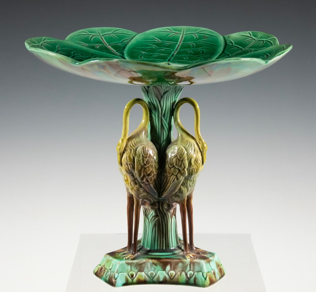 19TH C. ENGLISH MAJOLICA HERONS & LILY PAD TAZZA (1 of 2)