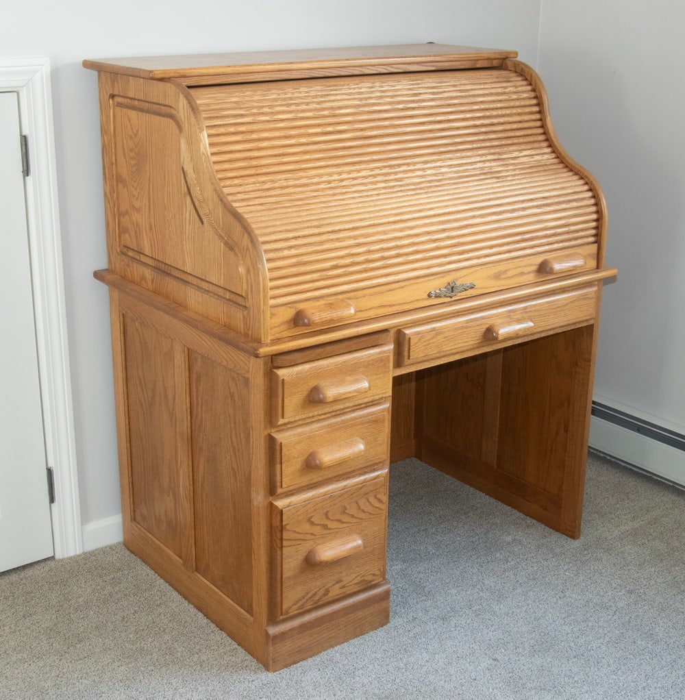 OAK ROLL-TOP DESK WITH TAMBOUR FRONT, MID-20TH CENTURY (1 of 3)