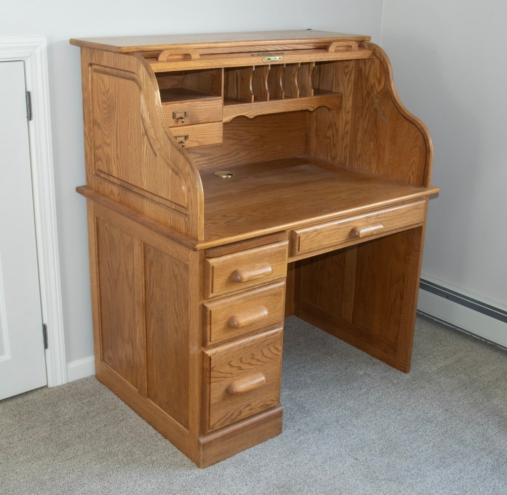OAK ROLL-TOP DESK WITH TAMBOUR FRONT, MID-20TH CENTURY - 2