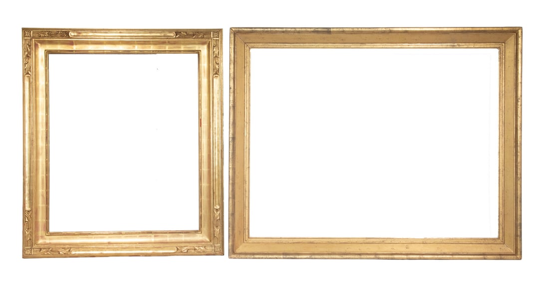(2) LARGE HIGH QUALITY GILT EMPTY PICTURE FRAMES: (2) LARGE HIGH QUALITY GILT EMPTY PICTURE FRAMES Museum Quality, 20th c. replicas, in gilt wood, including: Molded Cove, takes 38" x 50" artwork; PLUS Arts & Crafts Carved Matched Corner Molded Cove, 