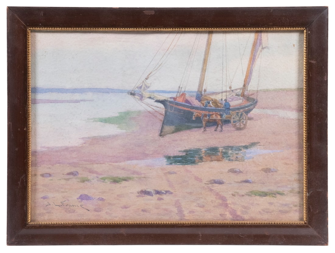 JESSE LEACH FRANCE (ME/OH/FRANCE, 1862-1926): JESSE LEACH FRANCE (ME/OH/FRANCE, 1862-1926) French Fishing Boat Beached at the End of the Day, watercolor on paper, signed lower left. In mahogany ogee frame with gilt liner, under glass. OS: 10 1/2