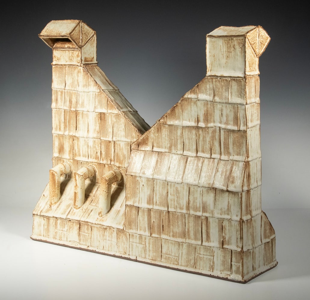 JONATHAN WHITE (S. PORTLAND, ME) ART POTTERY: JONATHAN WHITE (S. PORTLAND, ME) ART POTTERY "Phantom Industrial", glazed pottery sculpture, base incised with artist's monogram, 2019 date and "Weirton" (for Weirton, WV - design is based on an aband