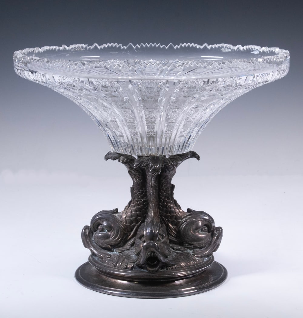 CUT CRYSTAL & SILVERED BRONZE TRIPLE DOLPHIN COMPOTE (1 of 4)