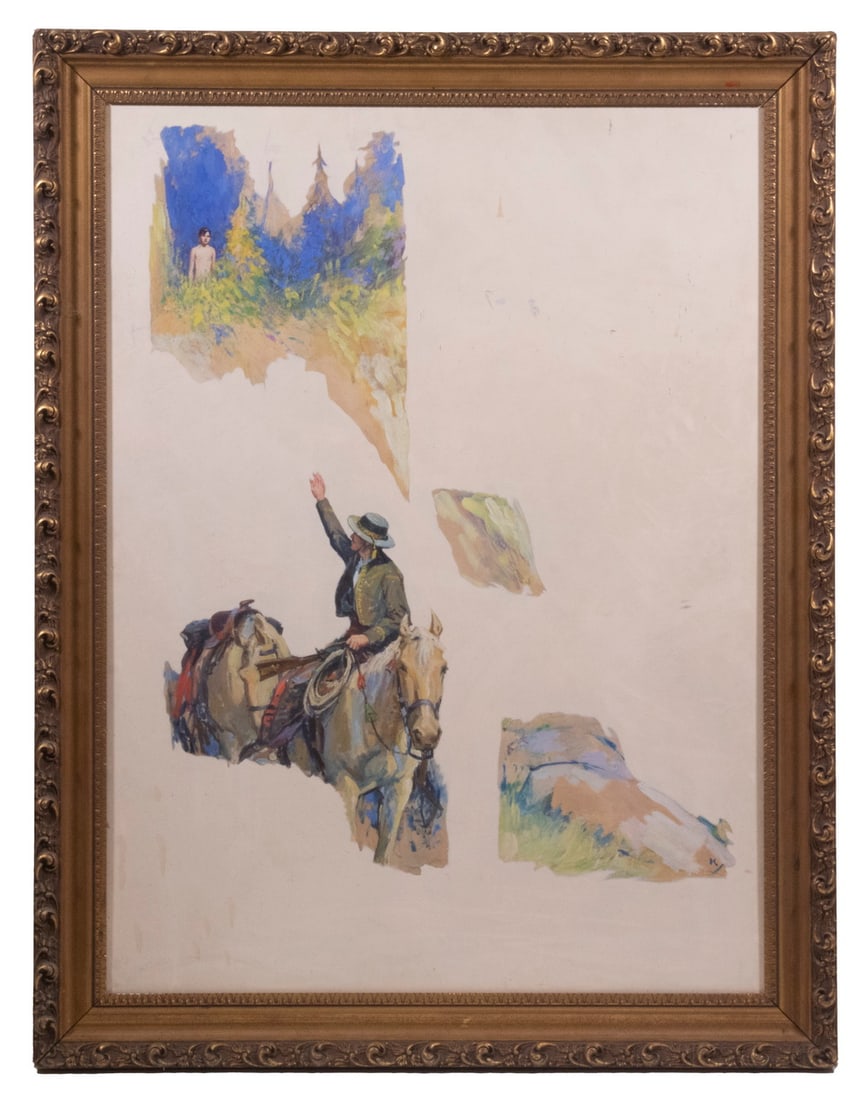 WILLIAM HENRY DETHLEF KOERNER (NJ/NY/MT, 1878-1938): WILLIAM HENRY DETHLEF KOERNER (NJ/NY/MT, 1878-1938) Catalog #2335. "A Gesture of Farewell" A narrative oil sketch white field illustration for "Wildman" by Stewart Edward White, appearing in