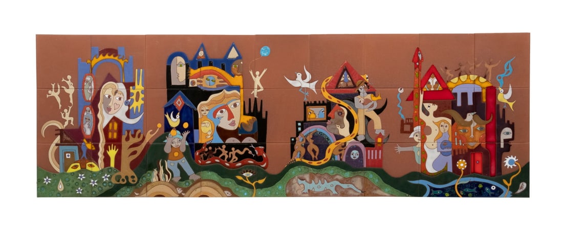 JUSTINE TOT TATARSKY (CONTEMPORARY CALIFORNIA): JUSTINE TOT TATARSKY (CONTEMPORARY CALIFORNIA) Busytown, a glazed pottery tile mural of a colorful idyllic vision, monogrammed lower right, signed verso, composed of twenty-seven tiles mounted in