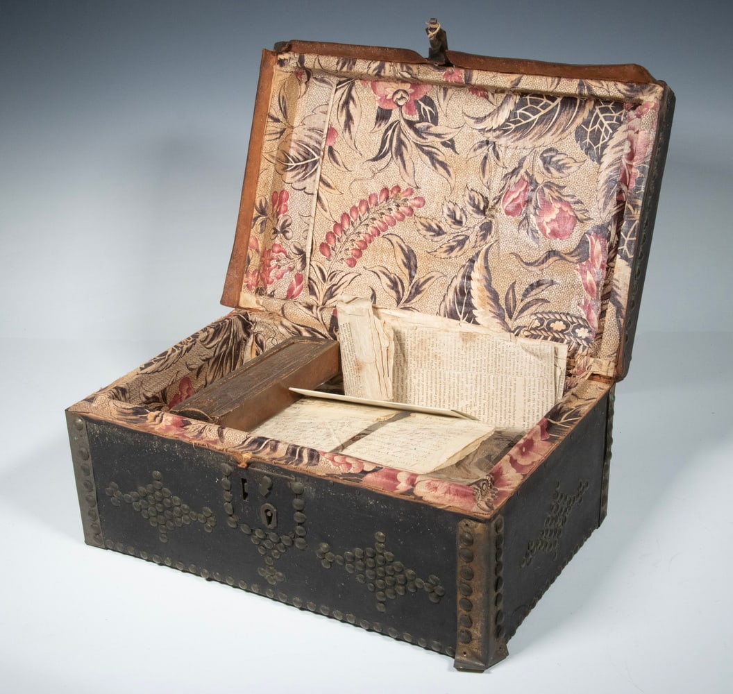 EARLY 19TH C. NH LEATHER DOCUMENTS BOX W/ CONTENTS (1 of 5)