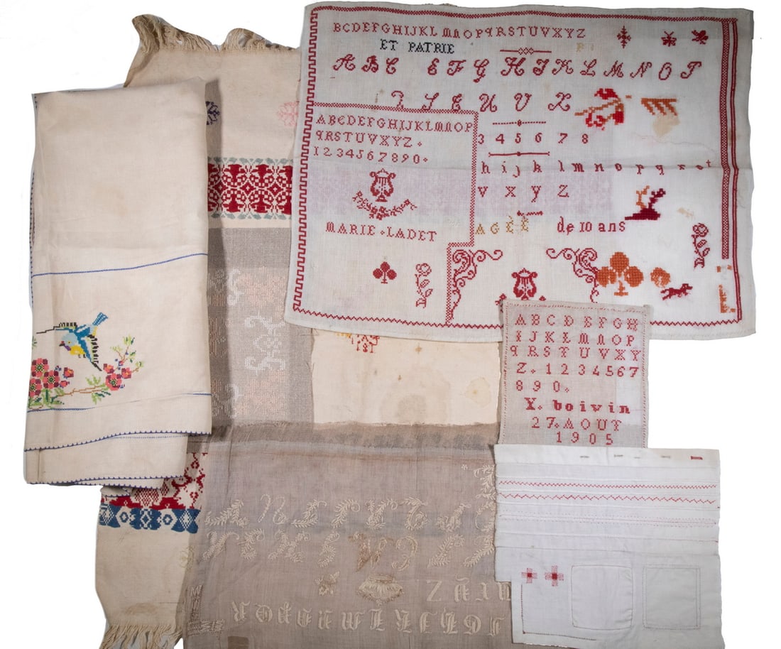 (7) EARLY 20TH C. FRENCH CANADIAN NEEDLEPOINT, UNFRAMED (1 of 3)