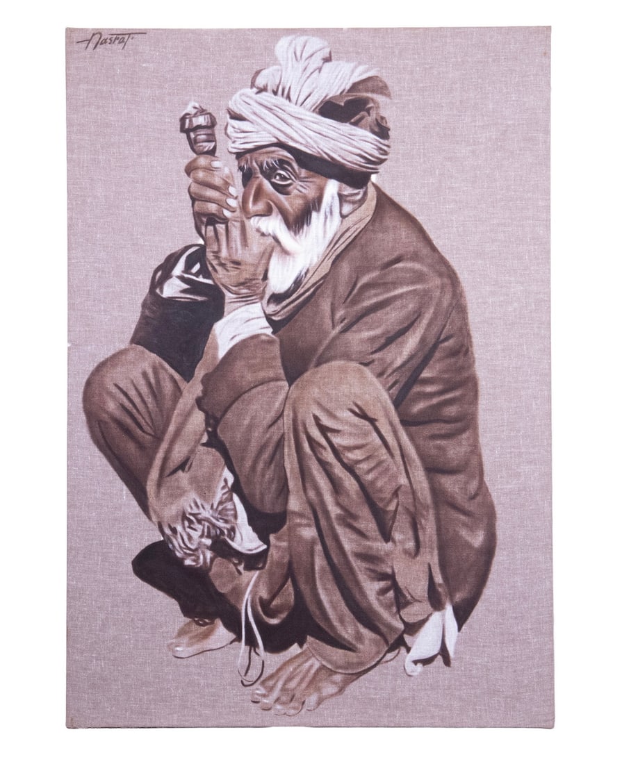LIFE SIZED PORTRAIT SIGNED "NASRAT": LIFE SIZED PORTRAIT SIGNED "NASRAT" Elderly Arabic Man Squatting with Pipe, airbrush on unprimed linen over masonite, signed upper left. Unframed. Size: 39 1/2 x 27 1/2 x 1 in. (100.3 x 69.9 x 2.5