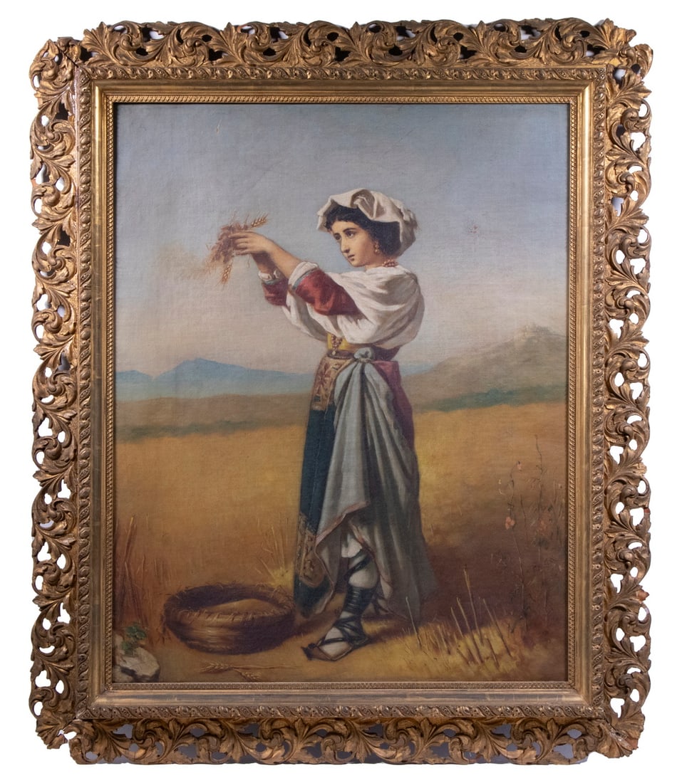 19TH C. ITALIAN GENRE PAINTING: 19TH C. ITALIAN GENRE PAINTING Young Woman Gleaning, oil on canvas, unsigned. In a gilt Florentine reticulated frame. OS: 29 x 25 in. (73.7 x 63.5 cm.), SS: 23 1/2 x 18 1/2 in. (59.7 x 47 cm.)