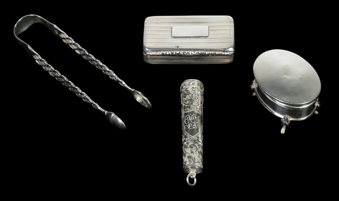 (4) ENGLISH STERLING SILVER ACCESSORIES: (4) ENGLISH STERLING SILVER ACCESSORIES Including: Hinged lidded box, hallmarked for Birmingham 1833, maker TS (unknown), with engine turned decoration, gold washed interior 3/4" x 2 3/4" x 1 1/2";
