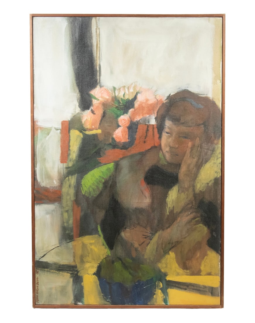 JEAN SEIDENBERG (LA/FL, 1930-2022): JEAN SEIDENBERG (LA/FL, 1930-2022) "Pink Roses", 1961, oil on canvas, depicting a woman seated with the blooms behind her, signed and dated lower left, titled and dated verso on competition label