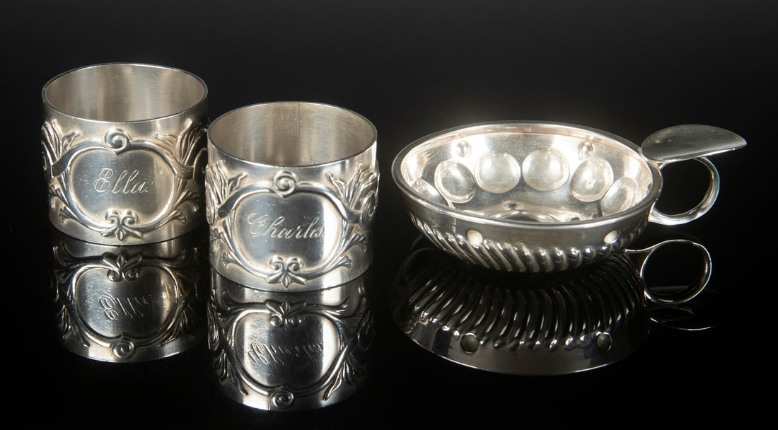 SILVER WINE TASTER & PR NAPKIN RINGS: SILVER WINE TASTER & PR NAPKIN RINGS 19th c. French 950-Silver Wine Tasting Cup, by Philippe Berthier, Paris (1841-1851), 1" high, 4" x 3", 1.53 ozt; and Pair of unmarked napkin rings, ca. 1900,