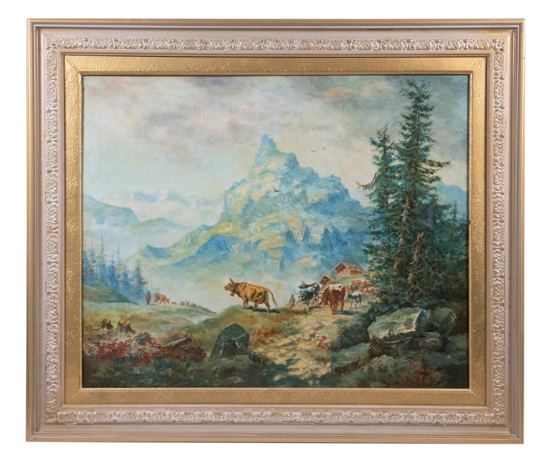ALPINE LANDSCAPE SIGNED 'T. LE ZURCHER" AND DATED 1892: ALPINE LANDSCAPE SIGNED "T. LE ZURCHER" AND DATED 1892 Cow Herd Passing Chalet with Herder, oil on canvas, in replica gold and silver molded frame. Light dimple and stretcher impression at top,