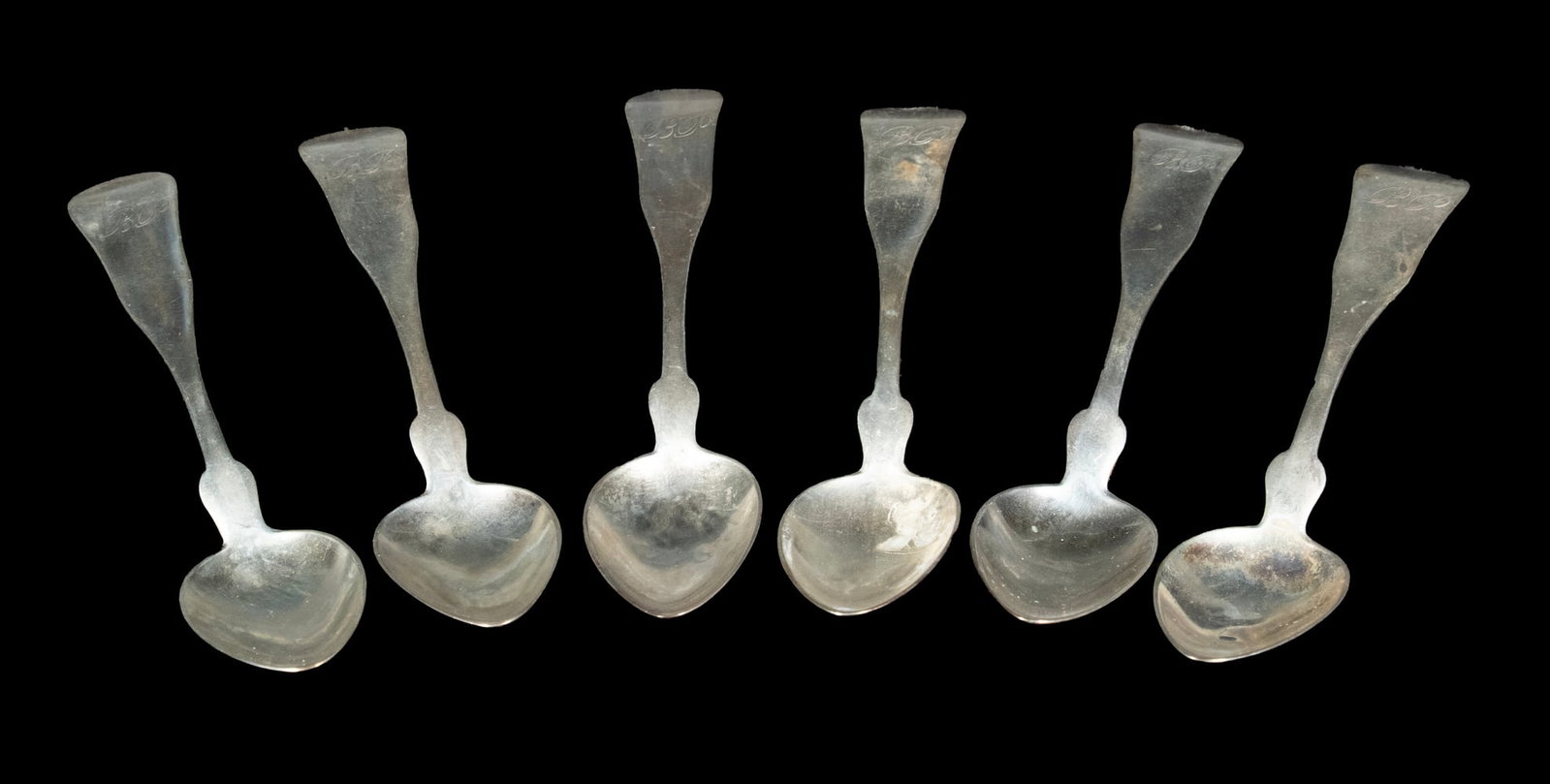 (6) MAINE COIN SILVER TEASPOONS BY CHARLES SWIFT: (6) MAINE COIN SILVER TEASPOONS BY CHARLES SWIFT Set of (6) Mid-19th c. Spoons, marked for Gardiner, ME jeweler and watchmaker Charles Swift (worked 1845-60), each with engraved BP monogram, 2.84 ozt