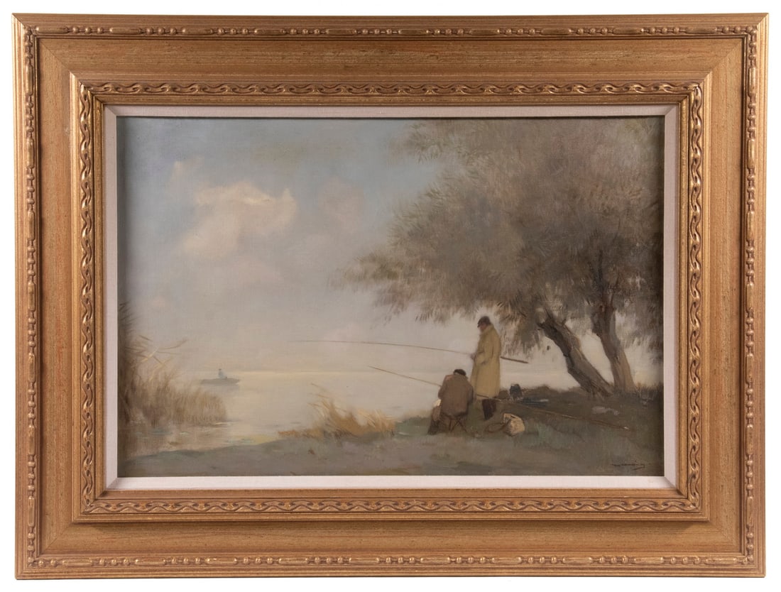 YPE WENNING (NETHERLANDS, 1879-1959): YPE WENNING (NETHERLANDS, 1879-1959) Two Fishermen on shore with third in boat in fog, oil on canvas, signed lower right, ca. 1930. In later gold molded panel frame with linen liner. OS: 24 1/2 x 31