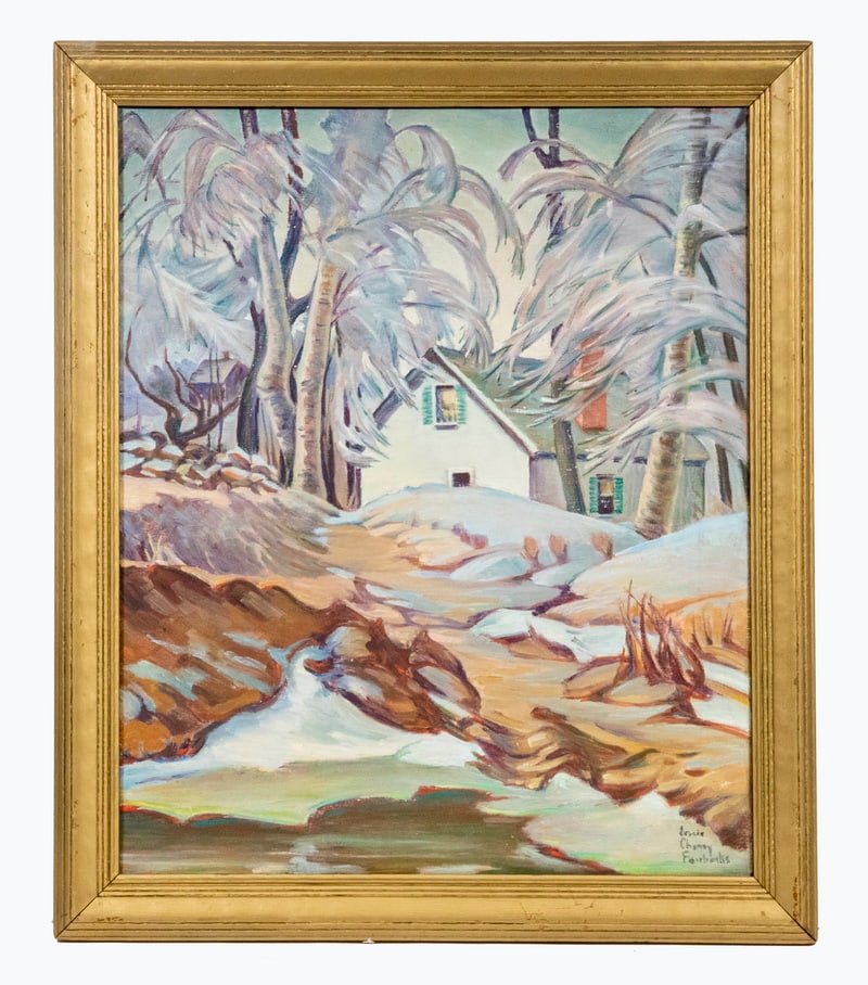 JESSIE CHENEY FAIRBANKS (MA, 1870-1946): JESSIE CHENEY FAIRBANKS (MA, 1870-1946) Cottage in Rocky Winter Landscape with Icy Birch, oil on linen, signed lower right. In a gold painted molded frame. Good condition. OS: 28 x 24 in. (71.1 x 61 c
