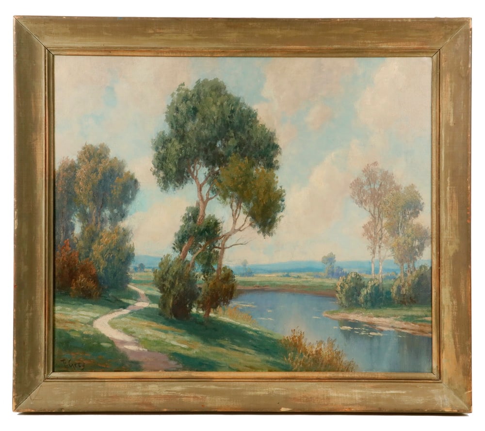 F. GREY LANDSCAPE PAINTING: F. GREY LANDSCAPE PAINTING "Spring Morn," an American Impressionist River Landscape, oil on canvas, ca. 1910, signed lower left, titled verso, in vintage cove molded frame. Cleaned, retouched in