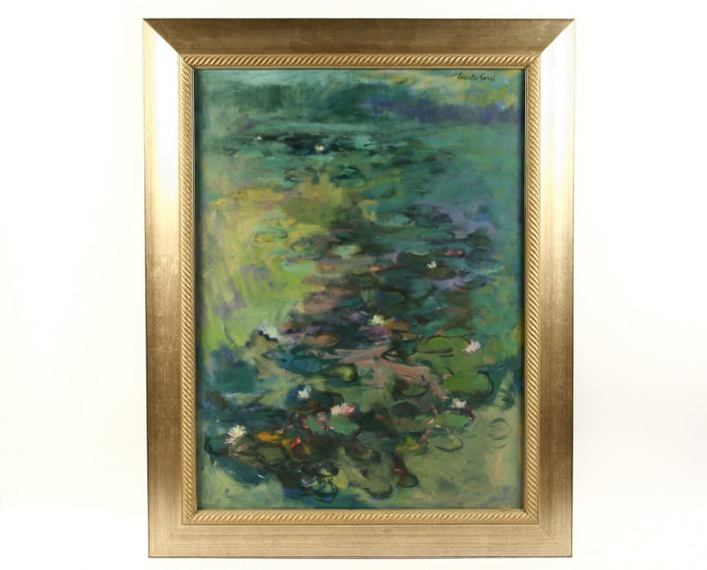 OOC - 'Water Lillies, Genoa', by Bruna Locatti-Sarri (NY, 1930 - ), signed ur, a loosely rendered: BRUNA LOCATTI-SARRI (NY, 1930 - 2010 ) 'Water Lilies, Genoa', signed upper right, a loosely rendered Impressionist study, in roped silver leaf reverse cove frame. Fine condition. OS: 38 1/2 x 30 1/2 i