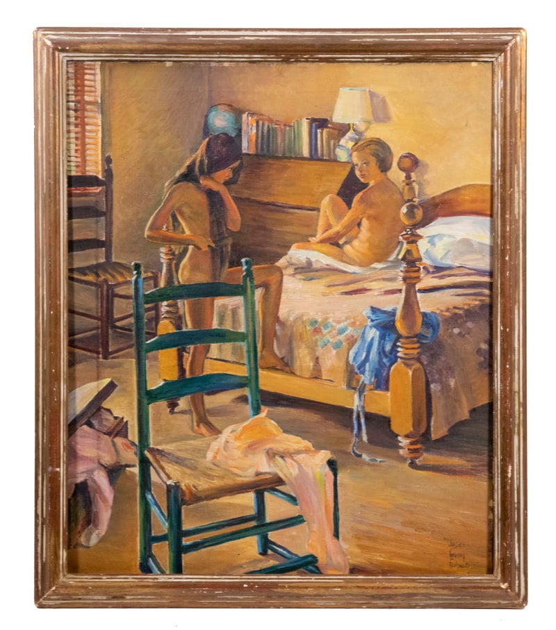 JESSIE CHENEY FAIRBANKS (MA, 1870-1946): JESSIE CHENEY FAIRBANKS (MA, 1870-1946) Two Young Girls Dressing in Bedroom, oil on linen, signed lower right. In old gilt bullnose frame. Very good condition. OS: 33 1/2 x 28 1/2 in. (85.1 x 72.4