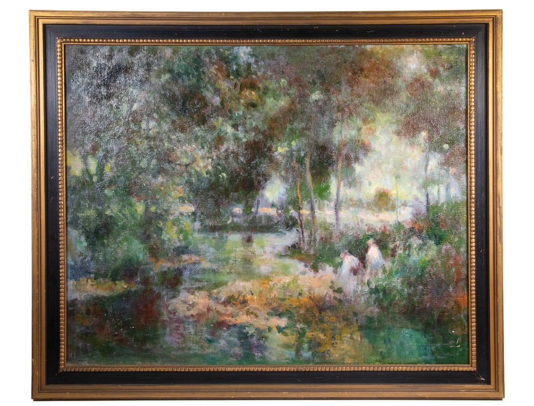 ROBERT FRANKLIN GAULT (CT/MA, 1898-1977): ROBERT FRANKLIN GAULT (CT/MA, 1898-1977) "Creek," Summer Landscape with Two Figures at waters edge, titled on label verso, oil on canvas, unsigned. In gilt molded black panel frame. OS: 26 x 32 in.