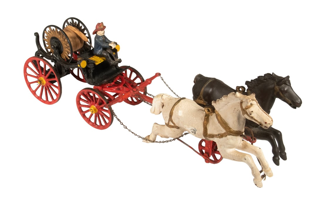 CAST IRON HORSE-DRAWN FIRE HOSE REEL TOY (1 of 3)