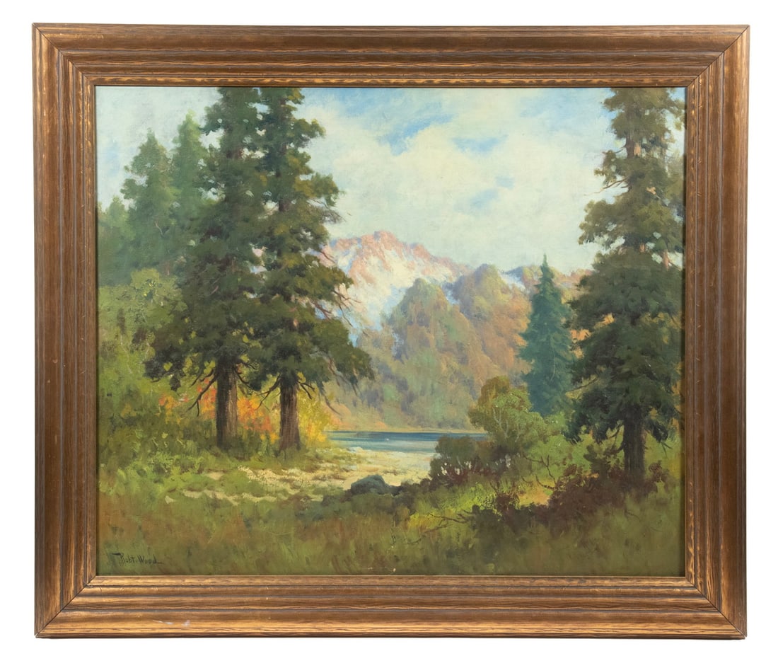 ROBERT WILLIAM WOOD (CA/TX/MD/CAN, 1889-1979): ROBERT WILLIAM WOOD (CA/TX/MD/CAN, 1889-1979) Mount Eddy, Trinity Mountains, Klamath Range, Northwestern California, oil on canvas, signed lower left, circa 1935. In subdued gilt hand-carved Arts & Cr